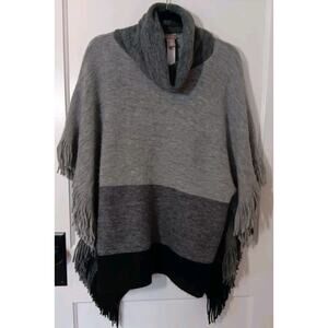 Chicos Poncho Sweater Women's S/M Gray Black Knit Oversized Mock Neck Fringe